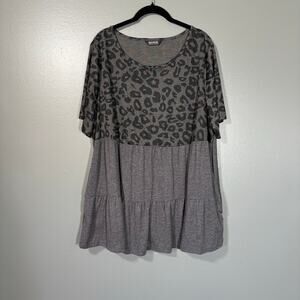Bloomchic Gray Leopard Print Tiered Babydoll Top - 18/20 - Women's Plus Size